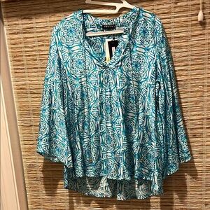 Blue and White Asymmetrical Bell Sleeve Blouse